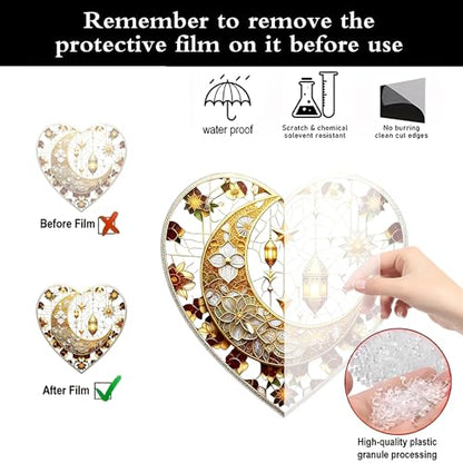 Heart Shaped Crescent Moon Lantern Floral Acrylic Suncatcher with Hanging Chain, Islamic Style Window Decor for Home, Patio, Garden,Ideal Present for Ramadan, Eid, Wedding, Housewarming/YX-45