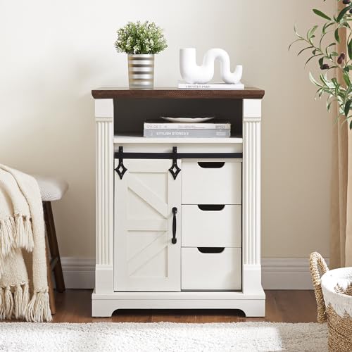Minifeel Farmhouse Bathroom Cabinet, Freestanding Small Storage Cabinets with Barn Door and Three Drawers, Wooden Console Entryway Table with Roman Column for Kitchen, Living Room, laundry room, White