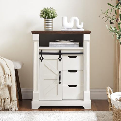 Minifeel Farmhouse Bathroom Cabinet, Freestanding Small Storage Cabinets with Barn Door and Three Drawers, Wooden Console Entryway Table with Roman Column for Kitchen, Living Room, laundry room, White