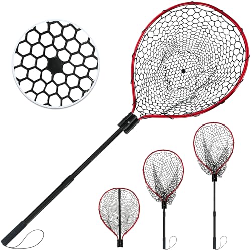 All Metal Telescoping Rubber Fishing Net with Handle Length: 59" Depth:19.7" Hoop: 26"x18" Large Silicone Fish Landing Net Pier/Kayak/Fishpond/Saltwater/Salmon Extendable Fishing Gear - color: Red plus