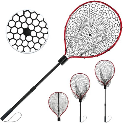All Metal Telescoping Rubber Fishing Net with Handle Length: 59" Depth:19.7" Hoop: 26"x18" Large Silicone Fish Landing Net Pier/Kayak/Fishpond/Saltwater/Salmon Extendable Fishing Gear - color: Red plus