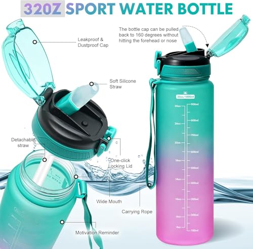 Water Bottle with Straw 1L,Boys Water Bottles with Straw 1 Litre,Waterbottle Leak-Proof Sports Water Bottle,Plastic Drinks Bottles Toxin Free，Bpa-Free (Green Purple) - color: 07-Green Purple