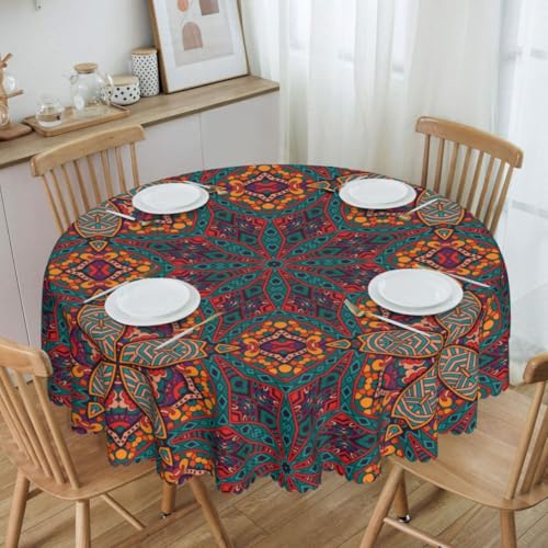 Mandala Tablecloth Round, Boho Ceramic Tiles Geometric Bohemia Abstract Floral Farmhouse Water Resisitant Wipeable Table Cover for Dining Kitchen Living Room Home Party Holiday Decor 36 inch Round - color: Tc-ceramic03, size: 36" (Round)