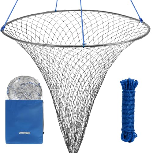 QualyQualy Large Bridge and Pier Fishing Net 32''/39'' Hoop, Foldable Drop Net Pier Fishing for Saltwater with Rope, Landing Net with Nylon Mesh, Collapsible Soft Steel Ring - color: Gray, size: L: 39''×36''