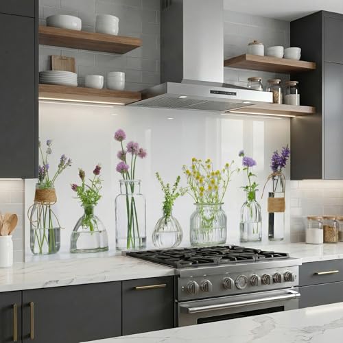 Bold Grup Tempered Glass Kitchen Backsplash, Stove Back Cover, Range Protector, Splash Guard for Sink, Botanical Vase Wall Art Decor, Cutting Board - size: 33.5''W x 19.7''H