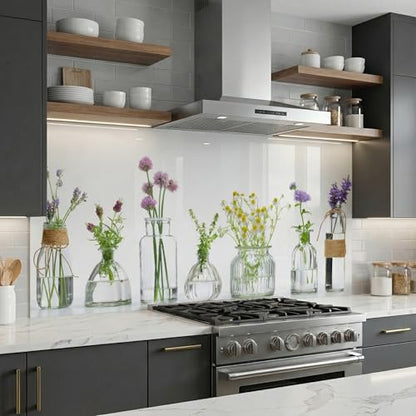 Bold Grup Tempered Glass Kitchen Backsplash, Stove Back Cover, Range Protector, Splash Guard for Sink, Botanical Vase Wall Art Decor, Cutting Board - size: 33.5''W x 19.7''H