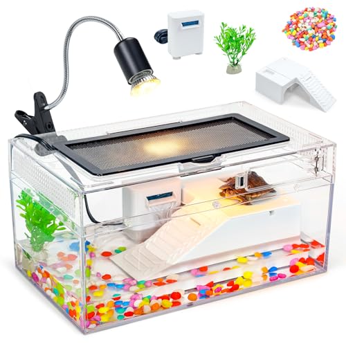 12x7x6 Turtle Tank Kit with Heating Lamp & Filter | High-definition kit includes heating lamp, filter, and ventilation. Heat-resistant, complete setup for easy turtle care - size: 12x7x6 Inch