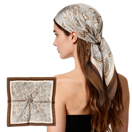 27" Head Scarf Like Satin Silk for Women,Hair Scarves Bandana,Headband Silk Feeling for Hair Wrap - color: White Brown