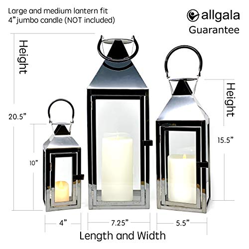 Allgala 3-PC Lantern Set 24 Inch Jumbo Deluxe Modern Indoor/Outdoor Candle Lantern Set Black Stainless Steel Frame Tempered Glass Pyramid Top for Garden Poolside Fireplace Wedding - color: Pyramid Top Black