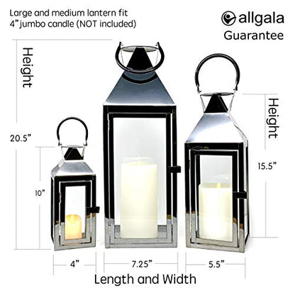 Allgala 3-PC Lantern Set 24 Inch Jumbo Deluxe Modern Indoor/Outdoor Candle Lantern Set Black Stainless Steel Frame Tempered Glass Pyramid Top for Garden Poolside Fireplace Wedding - color: Pyramid Top Black