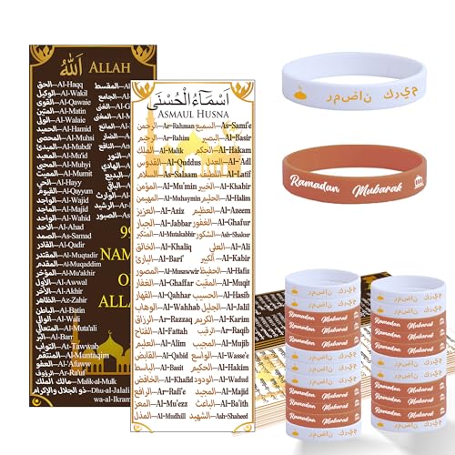 30 Sets Ramadan Eid Mubarak Silicone Bracelets with 99 Names of Allah Bookmark, Islamic Party Favors Bulk, Mubarak Kareem Wristbands, Muslim Gift Set for Family Friends School Classroom Events - style: Two Color-30