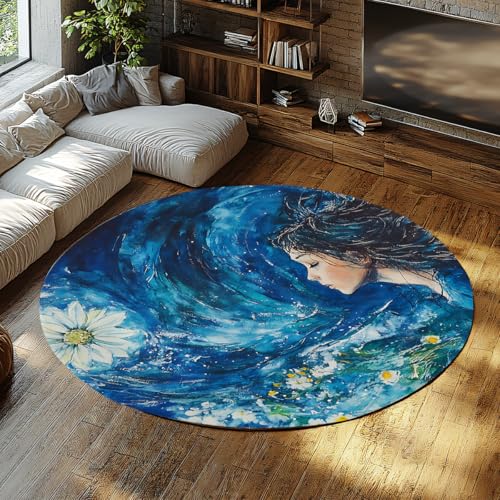 Artistic Fantasy Round Area Rugs 6ft Blue Ocean Swirl Dreamy Girl White Floral Circular Rugs Machine Washable Non Slip Carpet Low Pile Thin Stain Resistant Throw Mat for Living Room Office - color: Ydt01, size: 6ft (Round)