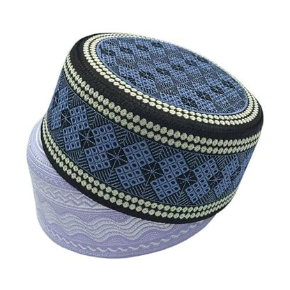 RUIXIA Men Boys Muslim Prayer Kufi Hat Skull Cap Embroidery Islam Kufi Headware takke Praying Beanie Hat Kofia Topi Hat - color: Blue/Black-adults