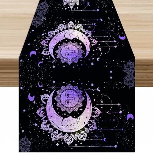 Sun Moon Table Runner, Purple Bohemian Hippie Gradient Sun, Moon and Stars Tarot Constellation Tabletop Restaurant Dining Kitchen Wedding Party 13x36 Inch - color: Moon Style-4, size: W13X L36
