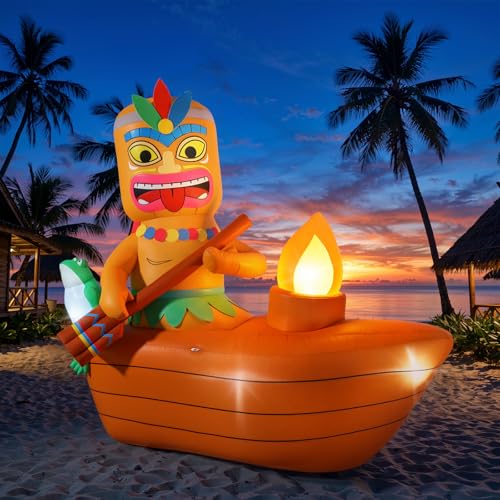 Lewondr 5.25FT Inflatable Tiki Luau Decor, Boat Luau Party Decorations, Blow up Hawaiian Outdoor Decorations with 6 LED Lights, Summer Outdoor Inflatables for Tropical Pool Beach Yard Lawn - style: Boat
