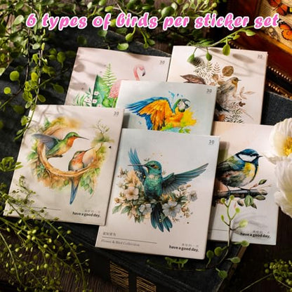 180 Pcs Transparent Flower Bird Stickers – Watercolor Floral Scrapbooking Supplies with Hummingbirds, Flamingos, Parrots – Clear Nature Stickers for Journals & Resin Art Crafts - color: Wildlife Bird