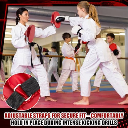 Poen 4 Pcs Taekwondo Kick Pads Set with Focus Mitts and Double Kick Paddle, Martial Arts Training Equipment for Kids Adults, Karate Kickboxing Punching and Kicking Practice Gear - color: Red