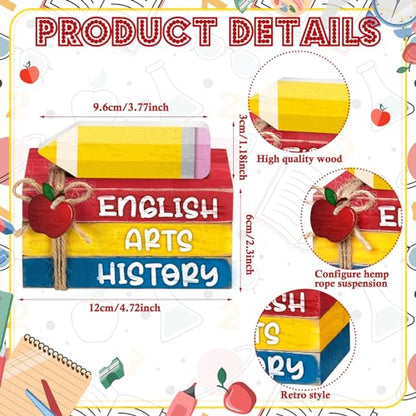 4 Pcs Back to School Table Decorations Mini Wooden Pencil Books Stacks Subject Signs First Day of School Tiered Tray Decorations Decorative Trays for Office Shelf Classroom Tabletop Desk Shelf - style: Pencil