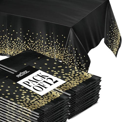 Prestee 12-Pack Black and Gold Dots Disposable Tablecloths – 108x54 Inch Waterproof Plastic Table Covers – Elegant, Heavy-Duty Party Tablecloths for Weddings, Birthdays, Holidays, and Events - color: Black/Gold, size: Rectangle (12 Pack)