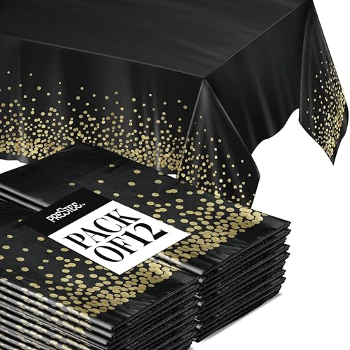 Prestee 12-Pack Black and Gold Dots Disposable Tablecloths – 108x54 Inch Waterproof Plastic Table Covers – Elegant, Heavy-Duty Party Tablecloths for Weddings, Birthdays, Holidays, and Events - color: Black/Gold, size: Rectangle (12 Pack)