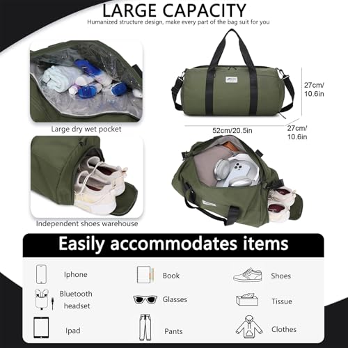 BESMART Gym Bags for Men with Side Pocket，38L Large Sports Gym Duffle Bag | Adjustable Strap&Shoe Compartment, Waterproof, Spacious, Wet Pocket, Durable Duffel Bag for Gym,Travel, Fitness,Olive Green - color: Olive green-with TPU pocket