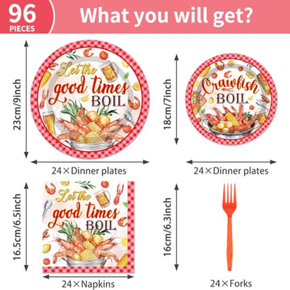 EUOYUFO 96Pcs Crawfish Boil Party Supplies Tableware Set Let The Good Times Boil Paper Plates Napkins Forks Lobster Seafood Boil Birthday Theme Party Supplies Serve 24 Guests - color: Crawfish Boil