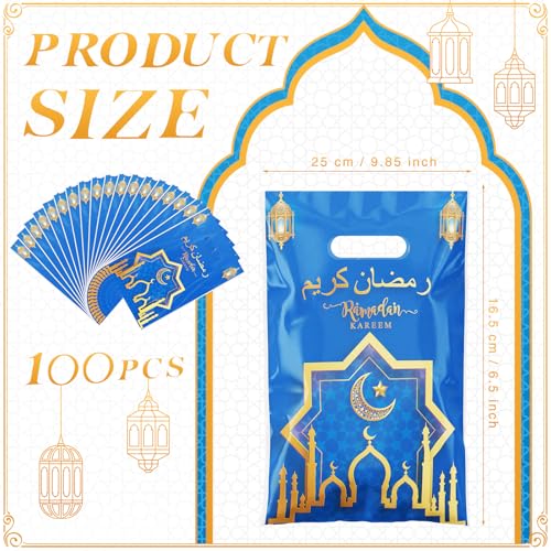 Supervitae 100 Pieces Ramadan Kareem Plastic Gift Bags Bulk Eid Mubarak Treat Candy Goodie Bags with Churches Star and Moon for Muslim Eid Party Favors Supplies - color: Blue Gold, style: Ramadan