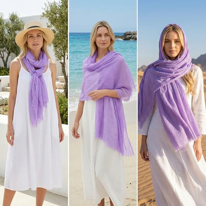 Nydotd Women Summer Cotton Linen Scarf Crinkle Long Beach Shawl Wrap hijab with Fringe - color: Light Purple