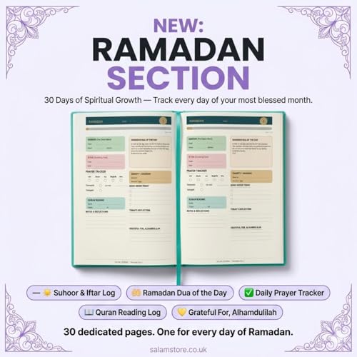 Salam Journal, Islamic Daily Planner with Prayer Tracker, Daily Hadith and Duas, Undated Layout with 6 Month Coverage, Ramadan and Eid Gift for Muslims, Ramadan Planner (Purple) - color: Purple