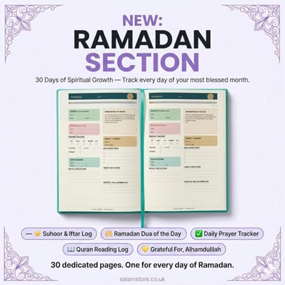 Salam Journal, Islamic Daily Planner with Prayer Tracker, Daily Hadith and Duas, Undated Layout with 6 Month Coverage, Ramadan and Eid Gift for Muslims, Ramadan Planner (Purple) - color: Purple
