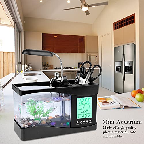 Mini Fish , Multifunctional USB Rechargeable Fish Desktop Electronic Aquarium with Clock Function LED Light Pen Holder for Office, Home