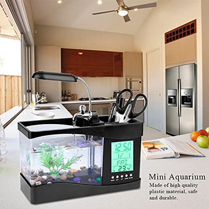 Mini Fish , Multifunctional USB Rechargeable Fish Desktop Electronic Aquarium with Clock Function LED Light Pen Holder for Office, Home