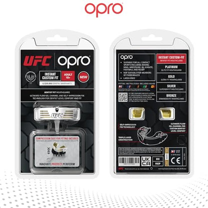 OPRO Instant Custom-Fit Mouth Guard, Dentist-Level Comfort, Protection & Fit - Moldable Mouthguard for Football, Boxing, Rugby, MMA, BJJ, UFC Mouth Piece- Includes Mouth Guard Case (UFC White, Adult) - color: Ufc Strike - Gold/White