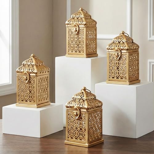 VELA LANTERNS Mini Golden Tower Temple Moroccan Lantern Lamp Decorative Candle Holders for Ramadan Decorations, Hanging, Outdoor Patio or Porch, Indoor Home Decor, Gold, Set of 4 - color: Gold, size: 5"