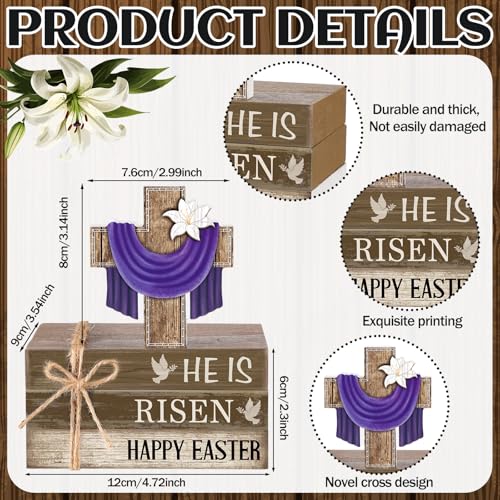 4 Pcs Easter Decorations He is Risen Wooden Sign Christian Table Centerpiece Religious Cross Tiered Tray Decor Decorative Faux Book Stack Block (Easter) - style: Easter