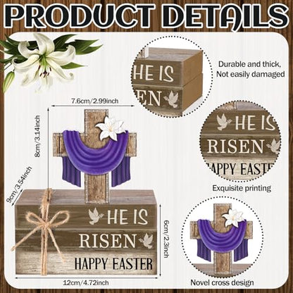 4 Pcs Easter Decorations He is Risen Wooden Sign Christian Table Centerpiece Religious Cross Tiered Tray Decor Decorative Faux Book Stack Block (Easter) - style: Easter