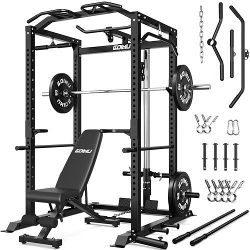 C1-V4 Power Cage, 2000LBS Squat Rack with LAT Pulldown, Multi-Function Weight Cage Strength Training Machine, Workout Cage with More Attachments for Home Gym Garage - style: 120LB Home Gym Package Bk