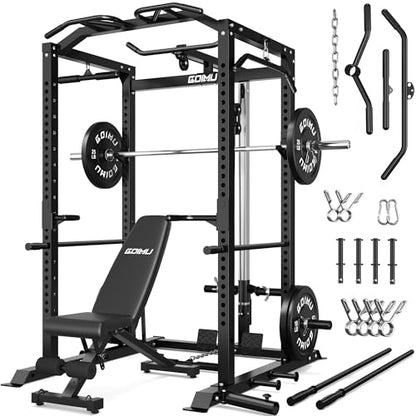 C1-V4 Power Cage, 2000LBS Squat Rack with LAT Pulldown, Multi-Function Weight Cage Strength Training Machine, Workout Cage with More Attachments for Home Gym Garage - style: 120LB Home Gym Package Bk