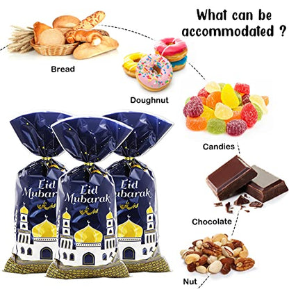2026 Eid Mubarak Goodie Bags, 100 Pieces Muslim Castle Moon Star Pattern Ramadan Treat Bags Cellophane Bags Goody Favor Bags with Gold Twist Ties for Muslim Islamic Eid Iftar Diwali Party Kids Gifts - color: Blue