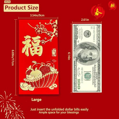 36pcs Red Envelopes Chinese New Year, Chinese Hong Bao Envelopes for Money, 2026 Lunar New Year of The Horse Red Packets with 6 Unique Gold Embossed Designs for Spring Festival, Large