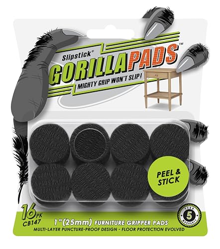Slipstick GorillaPads CB147 Non Slip Furniture Pads/Gripper Feet (Set of 16) Self Adhesive Rubber Floor Protectors, 1 inch Round, Black - size: 1" Round