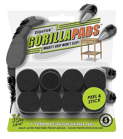 Slipstick GorillaPads CB147 Non Slip Furniture Pads/Gripper Feet (Set of 16) Self Adhesive Rubber Floor Protectors, 1 inch Round, Black - size: 1" Round