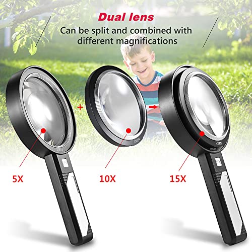 Magnifying Glass with Light, USB Rechargeable 5X 10X 15X Handheld Magnifying Glass Double Lens Magnifier 8 Light for Reading Small Prints, Seniors Reading, Books, Map, Coins - style: 5X 10X 15X-3.3in