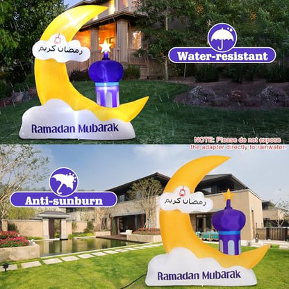 Lewondr 6.10FT Outdoor Inflatable Ramadan Moon Decorations,Waterproof Inflatable Eid Mubarak Decor,Blow Up Muslim Holy Celebration Decor with LED Lights,Muslim Holidays Inflatable for Yard,Yellow Moon - style: Yellow Moon