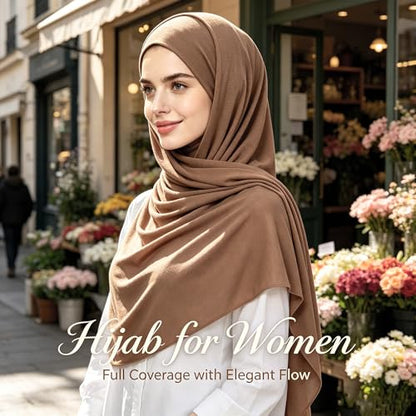 Jersey Hijab Scarf for Women,Lightweight Muslim Turban Head Scarf Modal Feel Hijab Coverings for Prayer with Clip - color: Brown