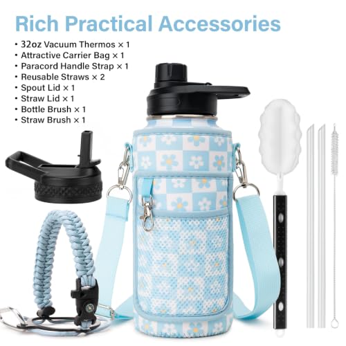 DYSANKY Water Bottle Gift– Insulated Stainless Steel Bottle with Carrier Bag, Strap & Gift Box– BPA-Free– Ideal for Hiking, Camping & Travel 32 oz - color: Blue Flower, size: 32 Ounces