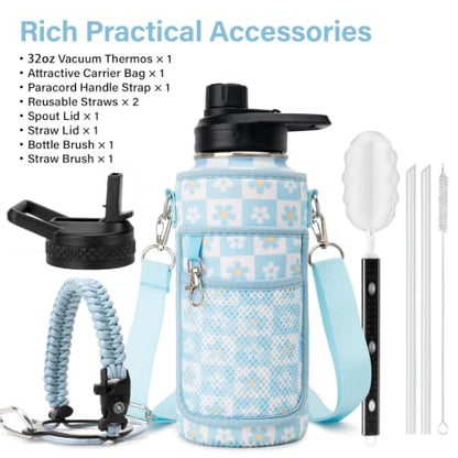 DYSANKY Water Bottle Gift– Insulated Stainless Steel Bottle with Carrier Bag, Strap & Gift Box– BPA-Free– Ideal for Hiking, Camping & Travel 32 oz - color: Blue Flower, size: 32 Ounces