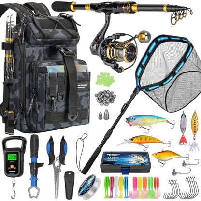 THKFISH Telescoping Fishing Rod and Reel Combo with Backpack, Carbon Fiber Travel Fishing Pole Spinning Reel Kit with Fishing Lures, Fishing Tools Kit for Men - color: Camo Backpack With Fishing net & rod, size: 1.8M 5.9FT