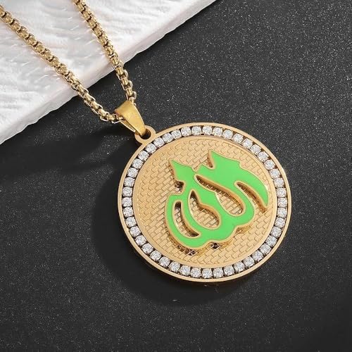 Stainless Steel Islamic Muslim Rune Allah Medal Pendant Necklace for Men Women Fashion Lucky Amulet Jewelry - color: golden