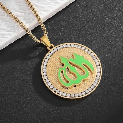 Stainless Steel Islamic Muslim Rune Allah Medal Pendant Necklace for Men Women Fashion Lucky Amulet Jewelry - color: golden
